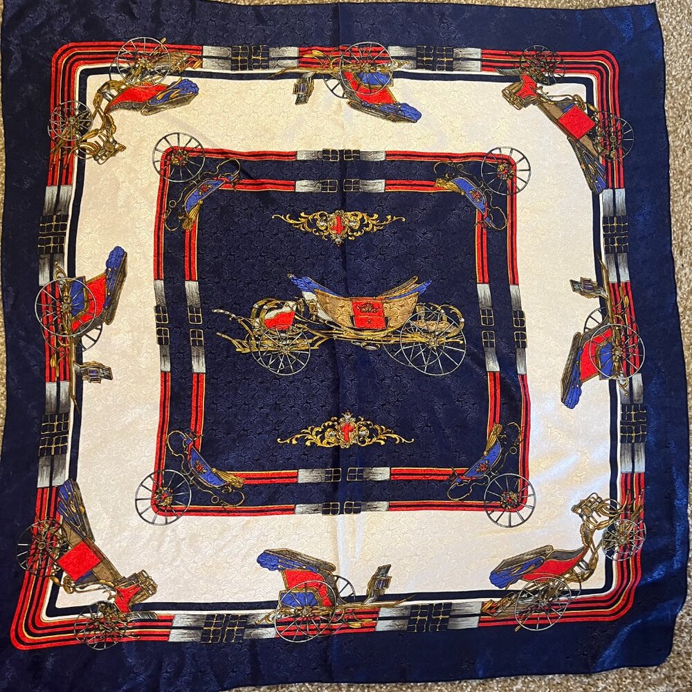 Vintage Scarf British Royal Carriages in Red, Blue, White and Gold - Very Regal